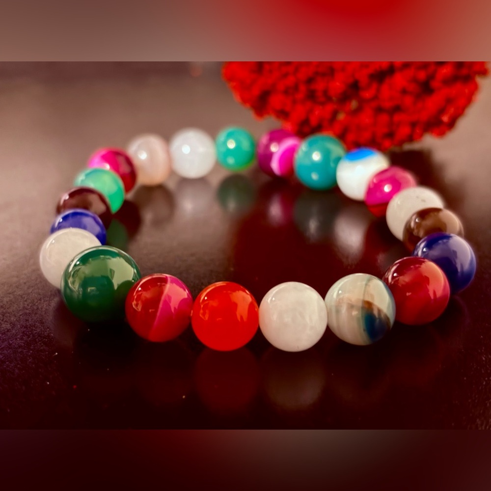 Multicolor Agate Aqua Chalcedony Stretch Bracelet, Size:7.25 - Picture 5 of 5